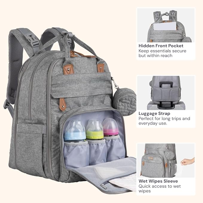 BabbleRoo Extra Large Diaper Bag Backpack, Expandable Baby Bag with Up to 50% More Capacity - Travel Essentials Baby Bag Tote with Changing Pad, Stroller Straps & Pacifier Case - Unisex, Light Gray
