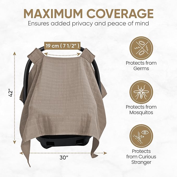 MOZAH Baby Car Seat Cover - Warm Taupe - 100% Organic Muslin - Soft, Breathable and Lightweight, Baby Infant Car Seat Essentials