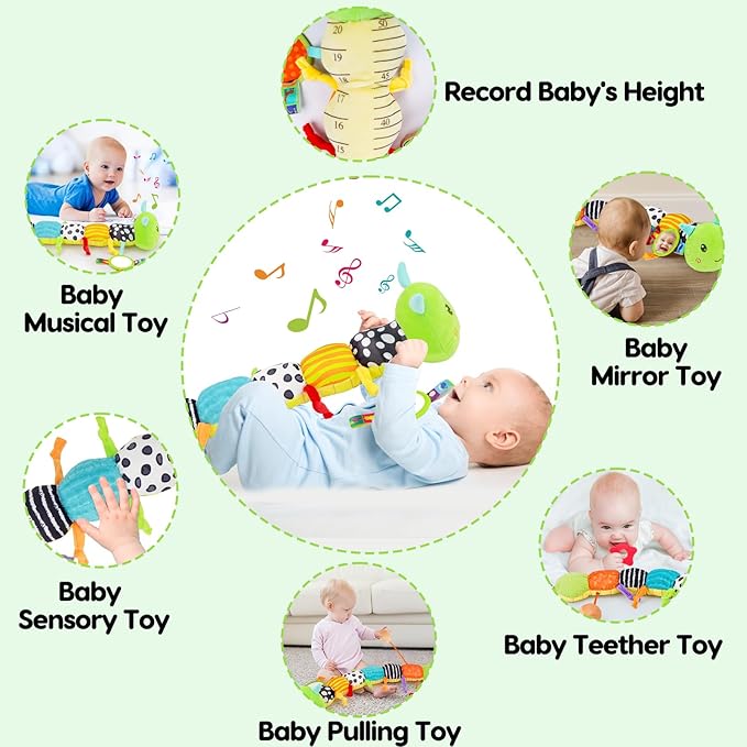 Baby Sensory Toy 0-6 Month Music Animal Stuffed Plush Caterpillar Toy for Infant 0-3-6 Month Tummy Time with Baby Mirror Crinkle Rattle for 6-12 Month Carseat Toys for Newborn Boys Girls Shower Gifts