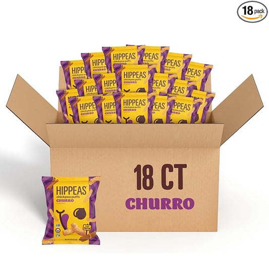 Hippeas Chickpea Puffs, Churro, 0.75 Ounce (Pack of 18), 3g Protein, 2g Fiber, Vegan, Gluten-Free, Crunchy, Plant Protein Snacks
