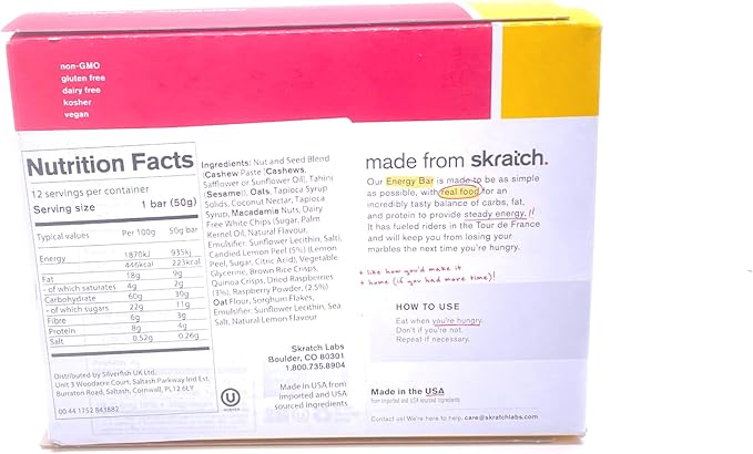 SKRATCH LABS Energy Bar | Raspberry + Lemon (12 pack) | Plant Based Healthy Snack | Low Sugar - 4g Protein | non-gmo, gluten free, soy free, vegan, kosher