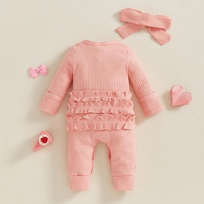 Newborn Baby Girls Rompers Knit Round Neck Long Sleeve Infant Fall Jumpsuits with Headband Coming Home Outfit