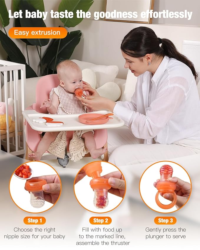 Baby Fruit Feeder & Popsicle Molds Tray Combo, New Born Must Haves and Babies Led Weaning Supplies for Safe Infant Self Feeding, 4+ Month (Orange)