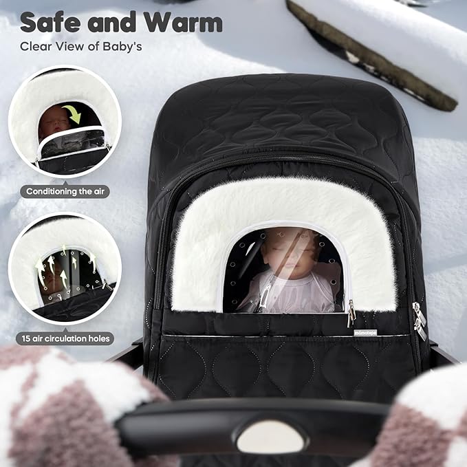 Winter Baby Car Seat Cover, Waterproof, Windproof Warm Fleece Breathable with Full Zipper for Newborn Car Seat, Black