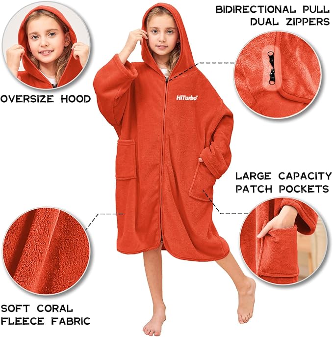 Hiturbo Kids Bath Towel Hoodie: Soft Plush Zipper Surf Poncho - Warm Fleece Changing Towels Swimming Outerwear (Orange)
