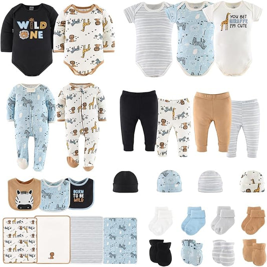 The Peanutshell Baby Layette Gift Set for Boys or Girls - Unisex Newborn Gift Sets, Baby Clothes & Essentials, Safari