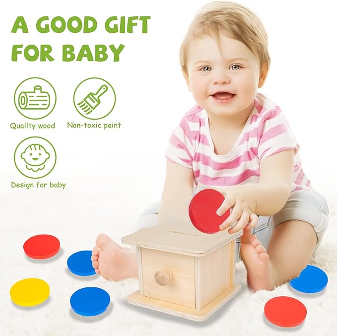 Adena Montessori Coin Box,Object Permanence Box Toys for 1 Year Old Baby Coins,Wooden Montessori Ball Drop Developmental Toys for 6-12 Month Infant,Learning Kids Gifts(Typical Drawer Comes Out)