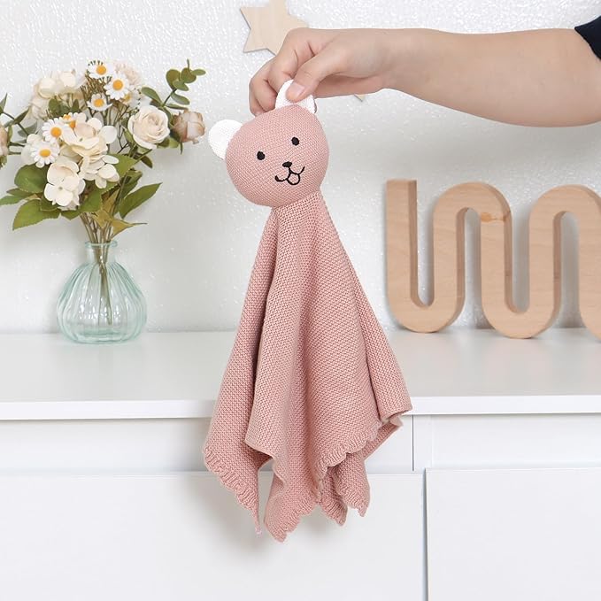 LAWKUL Baby Blanket Bear Lovey Soft Cuddly Security Blanket for Newborns Infants Boy Girl Knit Snuggle Comfort Pink 16x16in