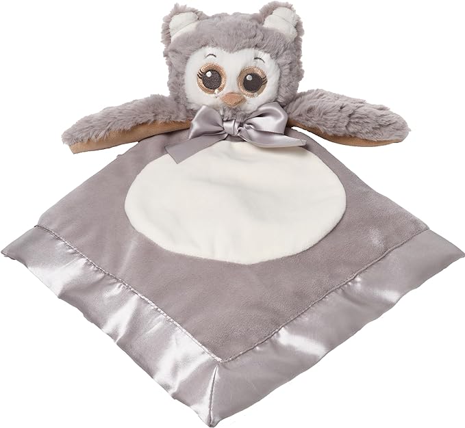 Bearington Collection Owl Plush Stuffed Animal Security Blanket Lovey - 15 in Gray Satin Trim Owl Lovey Blanket - Soft Baby Blankie & Toy for Newborns & Infants