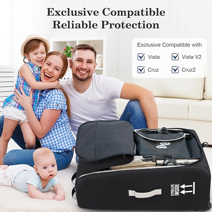 Stroller Bag for Airplane, Stroller Travel Bag Compatible with UPPAbaby Vista, Vista V2, Cruz V2, Rolling Wheel Bag with Storage Pocket, Multiple Handles, Luggage Tag for Flight Travel, Black