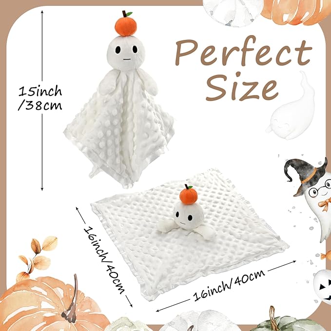 16 in Halloween Pumpkin Ghost Security Blanket Loveys for Babies Newborn Infant Toddler Orange Soft Stuffed Security Blanket with Toy Rattle Lovely Plush Sleeping Snuggle Gifts Baby Gifts