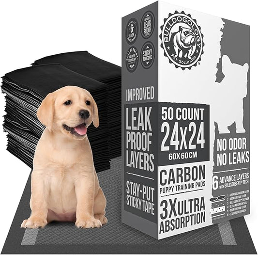 Bulldoglogy 50-Count Carbon Black Dog Pads Puppy Training Pads with Adhesive Tape 24x24 - Large Charcoal Puppy Pads Dog Training Wee Pads, Odor Control Thick Pee Pads for Dogs Extra Quick Dry