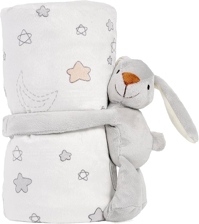CREVENT 30"X40" Cozy Soft Warm Fleece Baby Blanket for Girls Boys, Newborn Essentials for Infant, Baby Shower Receiving Gift - Mink Blanket 75X100cm + Hugging Bunny