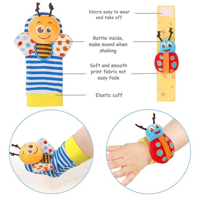 Bloobloomax Wrist Rattle Socks and Foot Finder Set, Infant Girl Boy Toys for Babies 0-36 Months, Newborn Hand & Foot Toys for 0 to 3 Years, Baby Shower Gifts Set with Wrist Rattle Socks (Dark Blue)