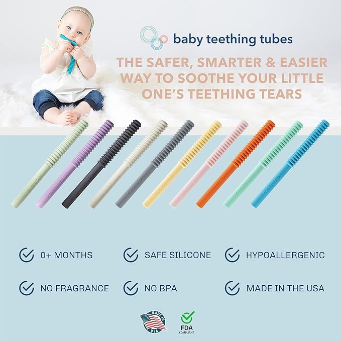 Baby Teething Tubes - Made in The USA Baby Teething Toys - Soft & Durable Infant Toys and Toddler Silicone Teether - 7 Inches, Ivory - Baby Must Haves for Teething Relief - Food Safe & Easy to Clean
