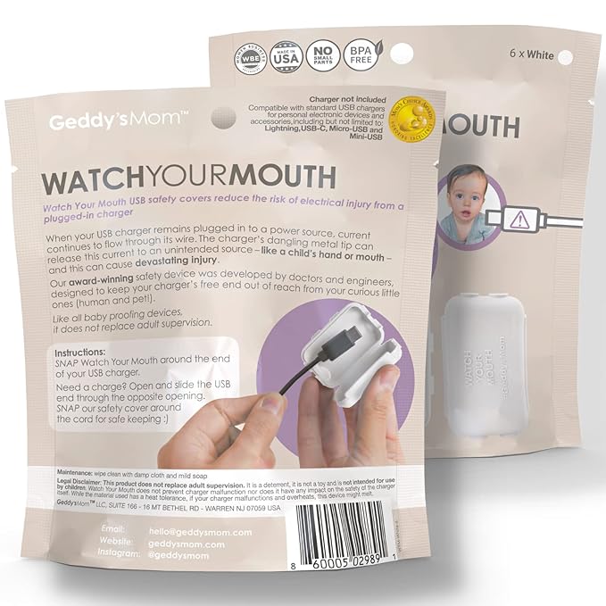 Geddy´s Mom Watch Your Mouth - The Award-Winning Child Safety USB Cover Cap Baby Proof Cord Protector| BPA & Phthalate-Free Charger Protector | Electrical Safety Baby Products - 6 Pack (White)