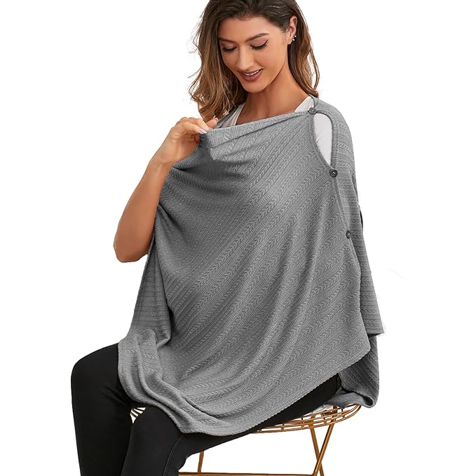 Nursing Cover for Baby Breastfeeding, Knit Breastfeeding Cover, Warm Cozy Swaddle, Breathable and Soft, Wide Neck with Stretch for Easy View (Grey)