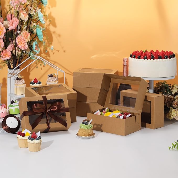 COTOPHER 10Pcs Cookie Boxes with Ribbons, 9x6x3 Inch Bakery Boxes with Window, Brown Treat Containers for Pastries, Chocolate Covered Strawberries, Dessert, Easter Candy, Muffins, Donuts