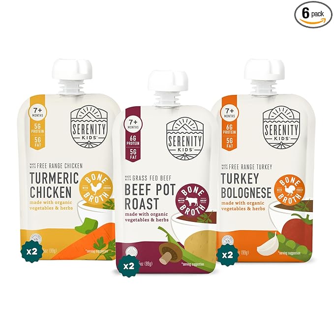 Serenity Kids 7+ Months Bone Broth Puree Made with Organic Veggies - BPA-Free Organic Baby Food Pouches with Veggies & Ethically Raised Meat - Clean Label Project Certified - 3.5 Oz, 6 Pack