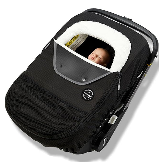 Mamatepe Winter Baby Car Seat Cover, Rain and Snow Repellent, Windproof Warm Fleece Breathable with U Shape Zipper for Newborn Car Seat, Universal for Infant Car Seat, Black