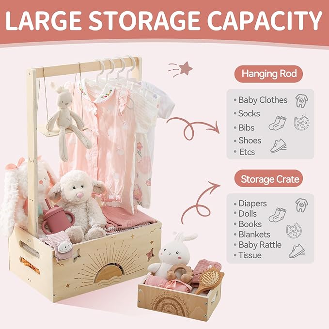 Wooden Baby Shower Crate Closet Set with 10 Hangers, Baby Clothing Rack,Shower Party Basket with Handle and Swing, Large Capacity Baby Storage Crate, Newborn Baby Gifts Basket for New Parent ( 2 PCS)
