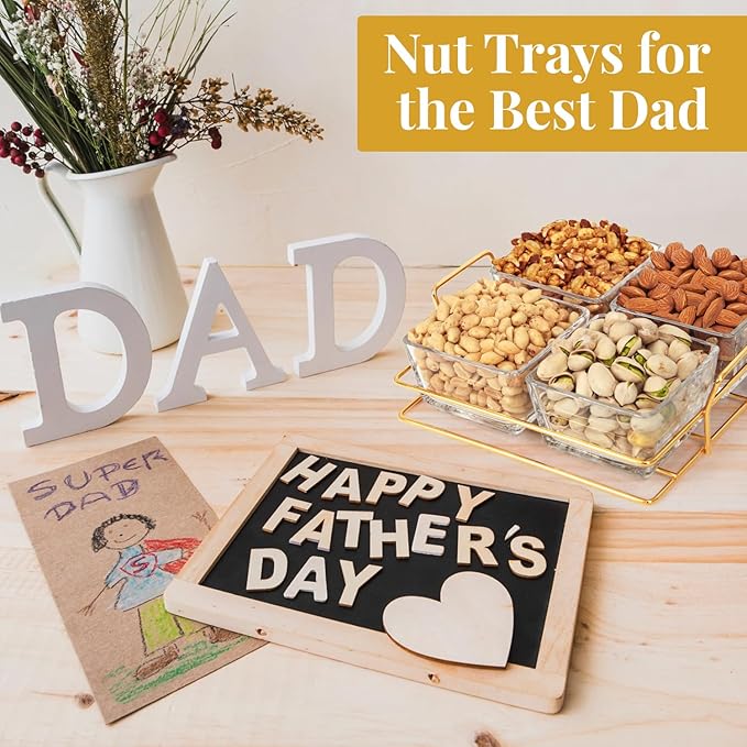 Nuts gift Basket Luxurious and Elegant 4 Sectional Premium Reusable Glass Tray, Perfect Holiday Food Gift Basket for Everyday Gifting