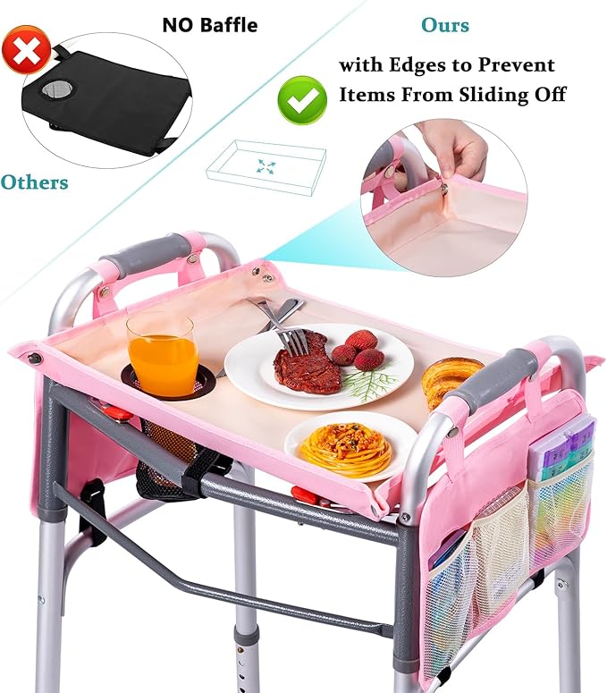 BAGSFY Walker Tray with Cup Holder & 2 Side Pockets, Folding Walker Table for Seniors | Sturdy, Easy-Clean Tray with PEVA Surface | Universal Fit for Standard Walkers, Walker Accessory for Elderly