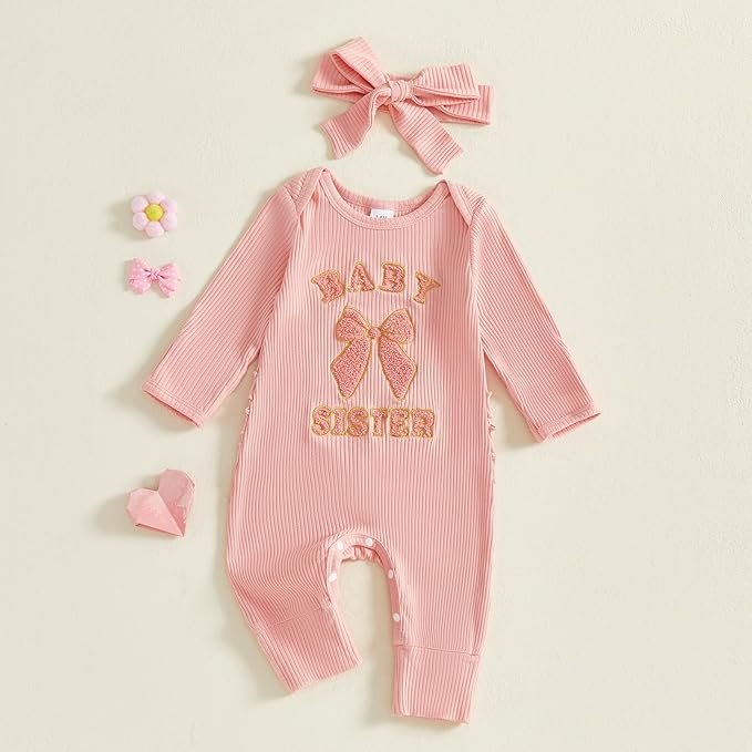 WZTYYDS Newborn Baby Girl Clothes Ribbed Romper Print Long Sleeve Jumpsuits Bow Headband Set Infant One-piece Outfits
