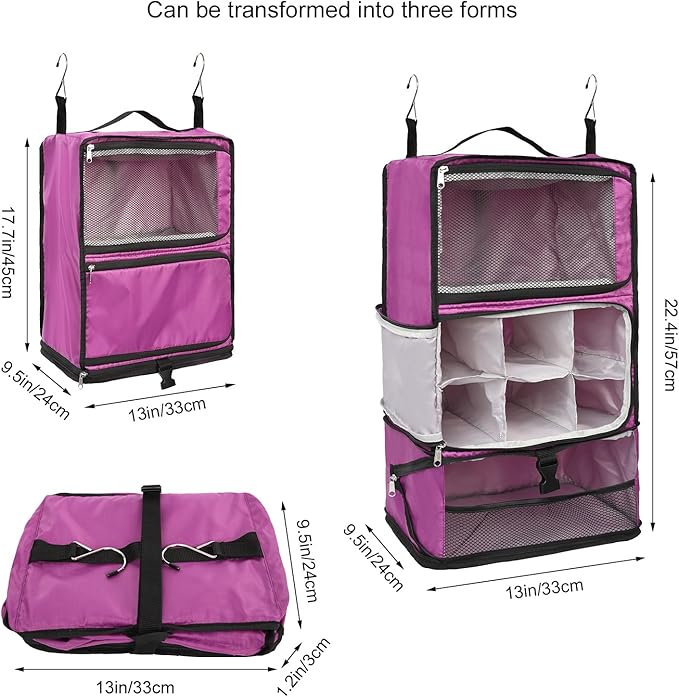 TABITORA Travel Portable Hanging Shelves Closet Organizer Packing Luggage Storage with Multifunctional and Foldable Invisible Compartment,Lightweight, for Suitcase, RV,Closet…Purple,XL