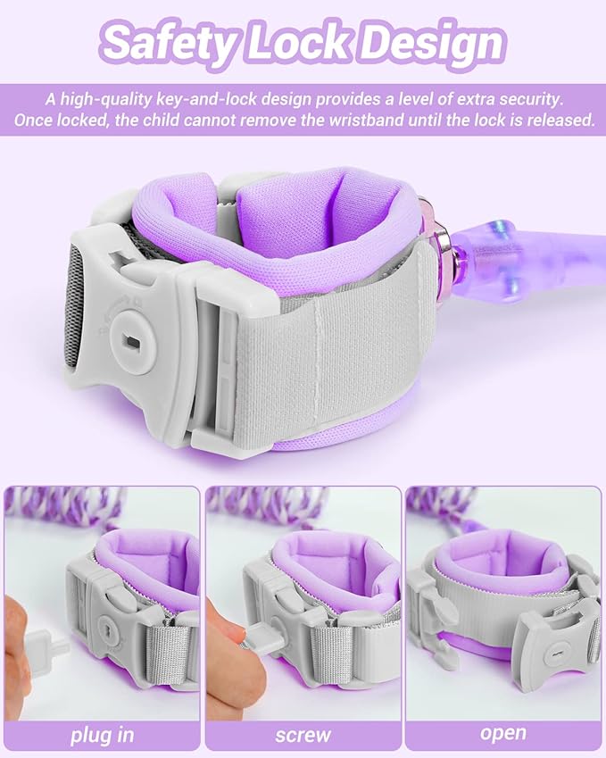 Dr.meter Anti Lost Wrist Link, 2 Pack Toddler Safety Leash with Key Lock, Reflective Child Walking Harness - Dual 8.2ft Length Blue & Purple Kids Leash for Store Mall Airport Theme Park Trip