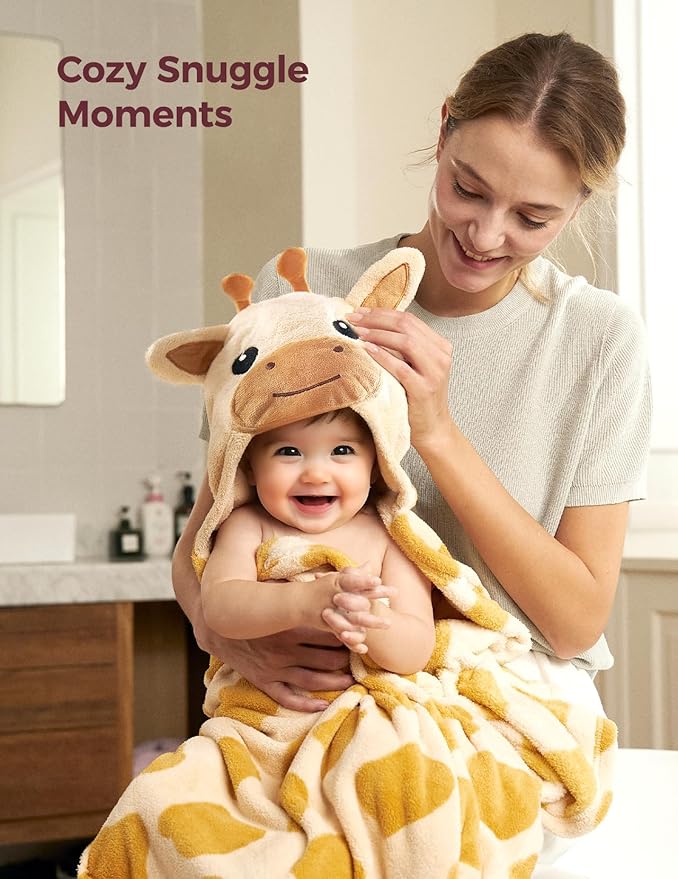 Momcozy Baby Bath Towels with Hooded -Visualize Health Label -Soft & Absorbent Coral Fleece Towel for Comfort & Warm - Bath Essential or Shower Gift for Newborn, Infant,Toddler (Large, 28 x 55 Inch)