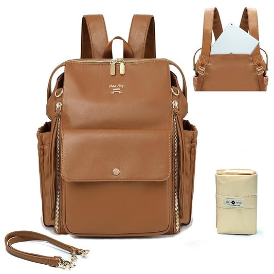 miss fong Diaper Bag Backpack Baby Diaper Bag for Girls and Boys, Leather Purse with 13 Pockets Diaper Bag Organizer,Changing Pad,Stroller Straps,4 Insulated Pockets