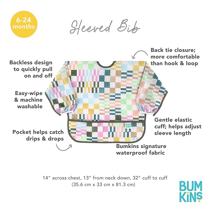 Bumkins Sleeved Bib for Girl or Boy, Baby and Toddler for 6-24 Mos, Essential Must Have for Eating, Feeding, Baby Led Weaning Supplies, Long Sleeve Mess Saving Food Catcher, Soft Fabric, Multi Check
