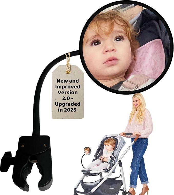 Stroller Mirror Upgraded Version 2.0- See Baby’s Face on Walks. Rear View Mirror for Prams and Strollers. Universal Stroller Accessory for Safety and Connection.