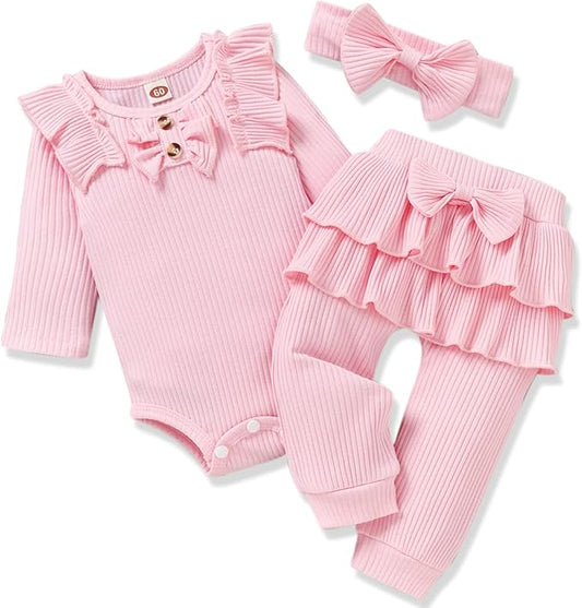 Aalizzwell Preemie Newborn Infant Baby Girls Clothes Ribbed Bodysuit Pants Set Fall Winter Outfits