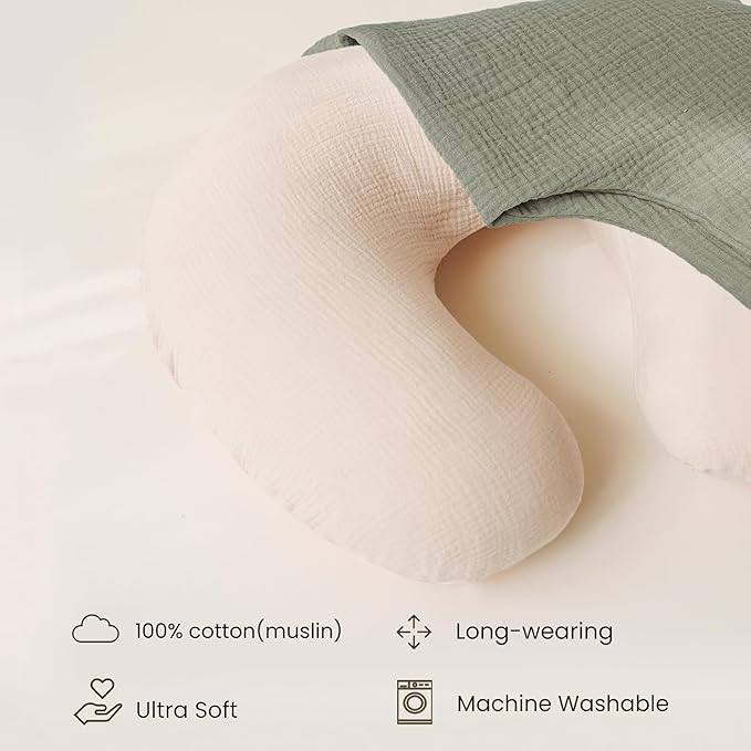Konssy Muslin Nursing Pillow Covers, Soft and Cute Nursing Covers for Breastfeeding Pillows, Ideal for Newborn Baby Boys and Girls (Fog Green, Cream) - 2 Pack