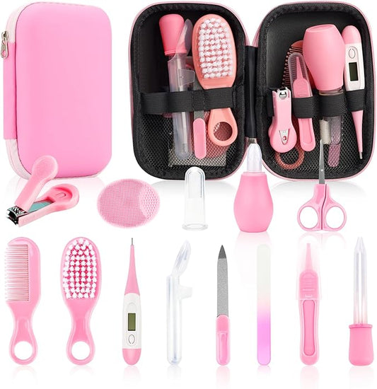 Baby Healthcare and Grooming Kit, 14 in 1 Baby Safety Set Newborn Nursery Health Care Set with Hair Brush Scale Nail Clippers for Baby Girls Boys (14 Kits Pink)
