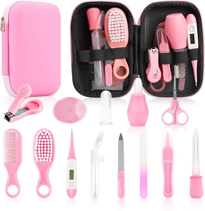 Baby Healthcare and Grooming Kit, 14 in 1 Baby Safety Set Newborn Nursery Health Care Set with Hair Brush Scale Nail Clippers for Baby Girls Boys (14 Kits Pink)
