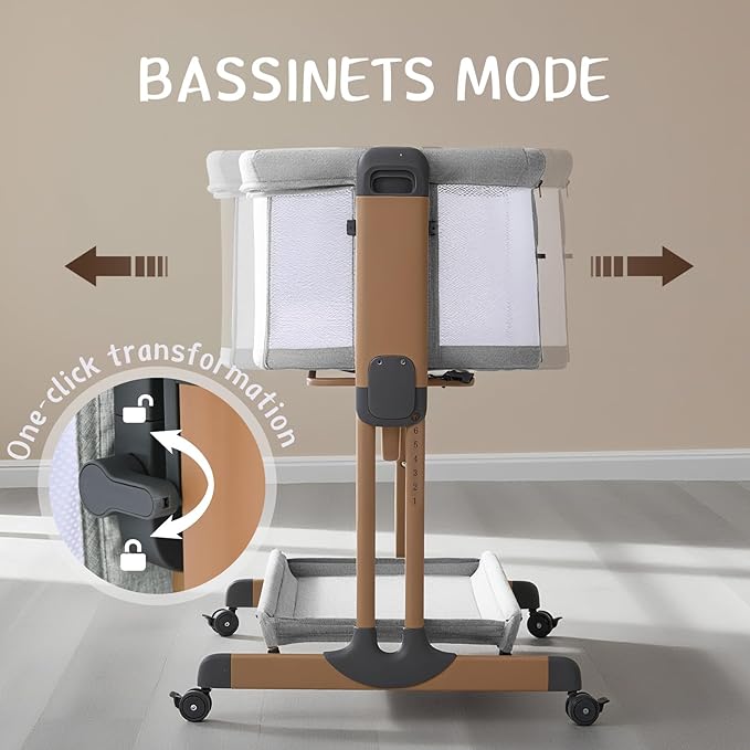 3 in 1 Baby Bassinet, Rocking Bassinets with Comfy Mattress and Wheels, Adjustable Height Bassinet Bedside Sleeper, Easy Folding Portable Crib for Newborn (Grey)