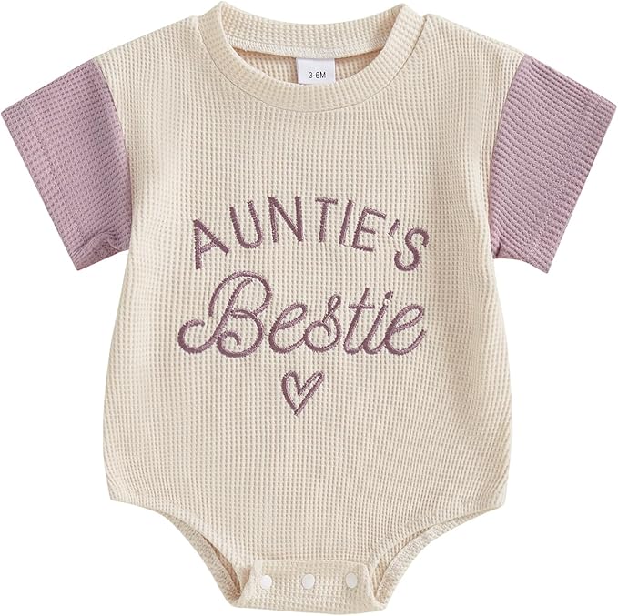 SAYOO Aunties Bestie Baby Girl Clothes Letter Embroidery Waffle Color Block Sweatshirt Bodysuit Fall Bubble Romper Pullover