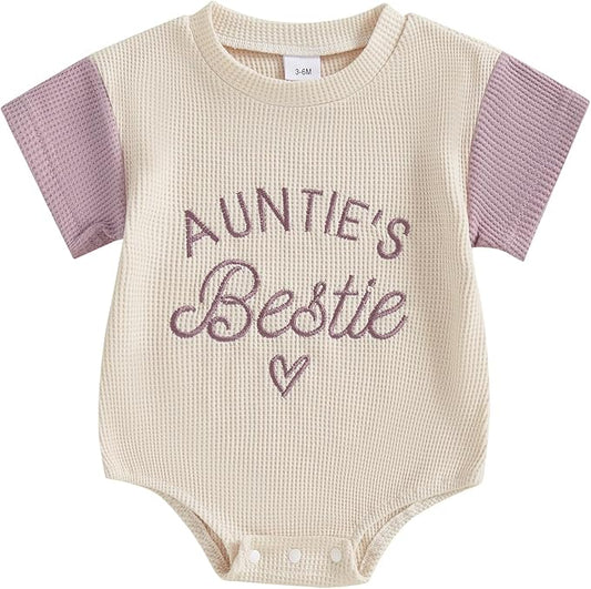 SAYOO Aunties Bestie Baby Girl Clothes Letter Embroidery Waffle Color Block Sweatshirt Bodysuit Fall Bubble Romper Pullover
