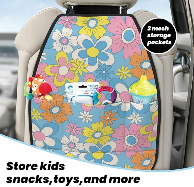 Retro Flowers Car Kick Mats Back Seat Protector 2 Pack Auto Seat Back Covers with 3 Organizer Travel Accessories Universal Vehicle Interior from Dirt, Mud