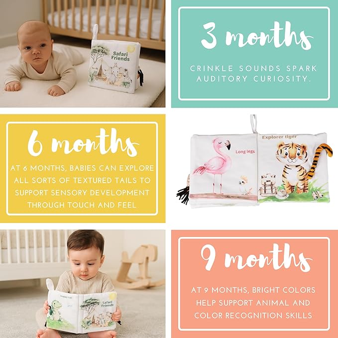 Ali+Oli Baby Cloth Book – Soft Sensory Crinkle Book with Textured Tails for Infants 0-12 Months – Early Learning Touch & Feel Tummy Time Toy – Newborn Shower Gift - Safari Friends