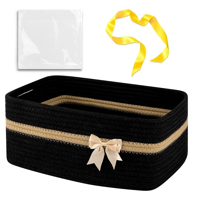 OIAHOMY Large Woven Storage Basket with Handles for Nursery Living Room Shelves, Bow Basket for Gifts Empty with Gift Bags and Ribbons for Baby Showers Pet Toy Bin - Black