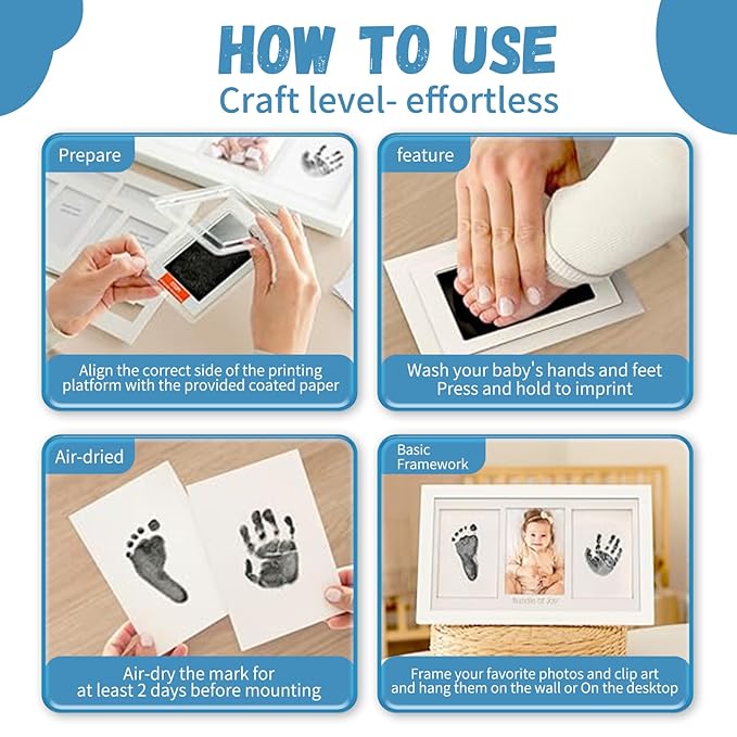 Inkless Baby Hand and Footprint Kit - No Mess Ink Pad for Handprint Girl - Clean Touch Dog Paw Print Kit, Personalized Baby Shower Gifts, Nursery Newborn Keepsake Frame(Alpine White)