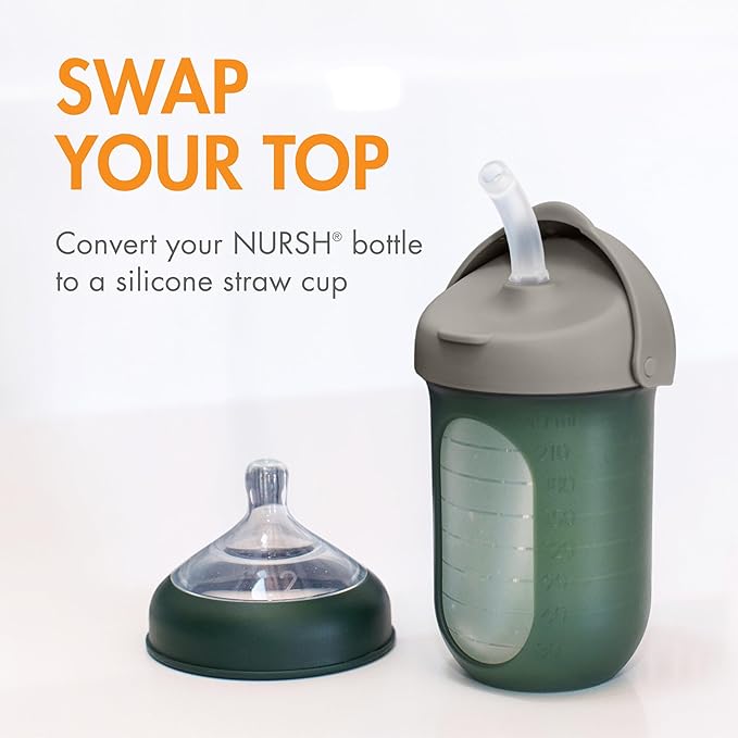 Boon Nursh Baby Bottle Gift Set - Baby Feeding Essentials for New Moms - Includes 4 Oz and 8 Oz Baby Bottles, Storage Lids, Fast Flow Nipples, Storage Buns, Straw Lid, and Mod Baby Bottle Brush Set