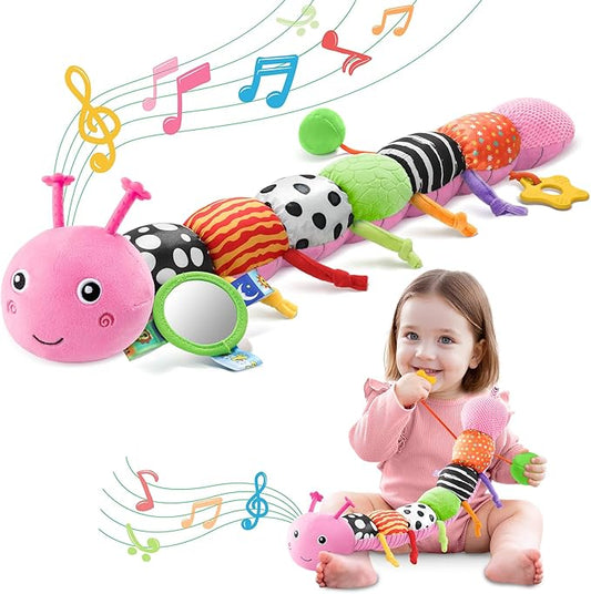 Baby Toys 0-6-12 Months,Musical Caterpillar Stuffed Animals Activity Infant Toys with Crinkle,Rattles,Mirror&Pull String,Muti-Sensory Toys Gifts for Newborn Tummy Time,Pink,Knot prolegs