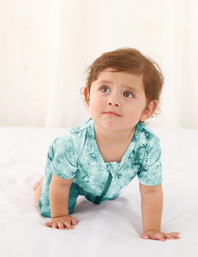 Jimonda Baby Girl Boys Rayon From Bamboo Pajamas 3 Pack Short Sleeve Footless Romper 2 Way Zipper Tie Dye Pjs Sleeper 0-24M