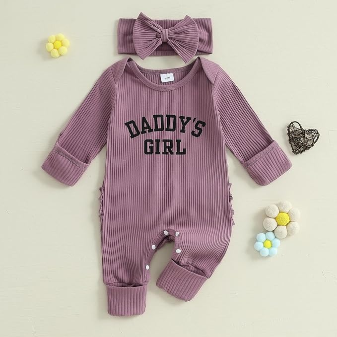 Newborn Baby Girls Rompers Knit Round Neck Long Sleeve Infant Fall Jumpsuits with Headband Coming Home Outfit