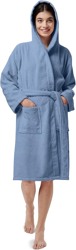 SIORO Womens Hooded Terry Cloth Robe, Cotton Absorbent Knee-Length Bathrobe, Housecoat with Pockets for Spa & Shower